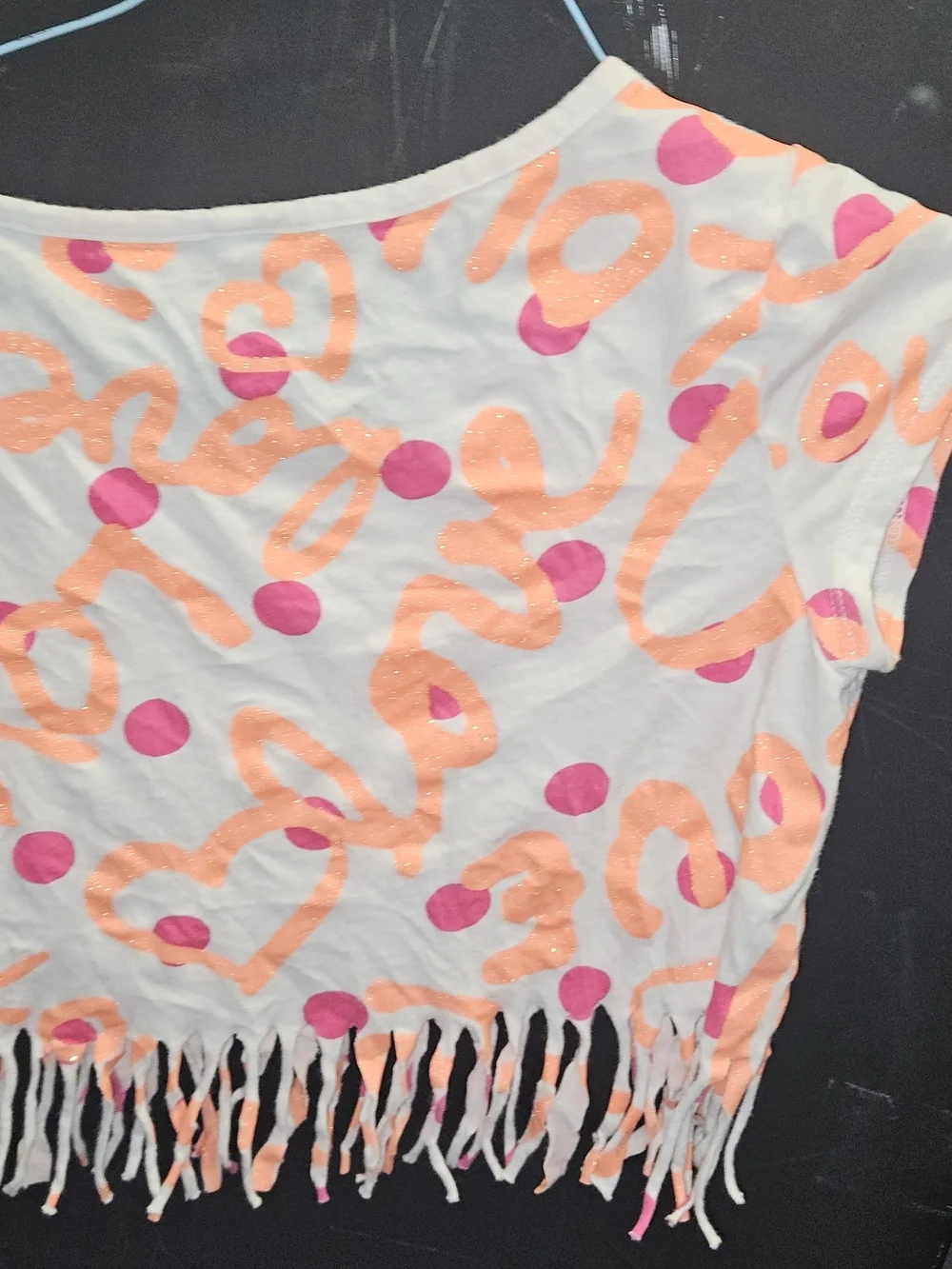 Justice Girls White Fringe Crop Tee with Pink Polka Dots & Peach Hearts Size 10